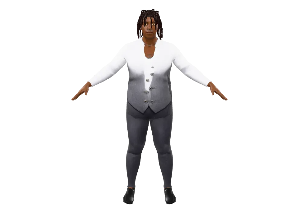 An Afro-Caribbean bartender, locs tied back, rolled-sleeve shirt and vest