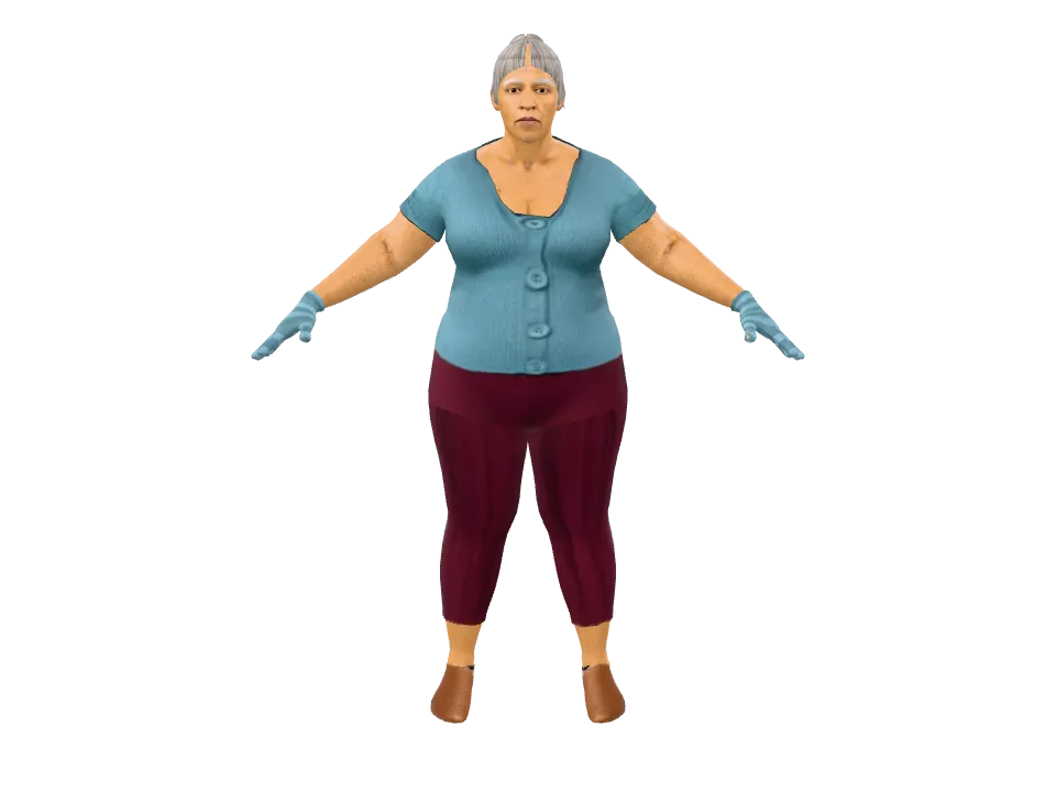 An Indian grandmother, silver hair in a tight bun, fitted knit cardigan