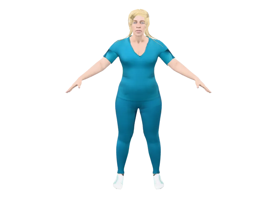 A tall Scandinavian nurse, blonde hair, scrub top