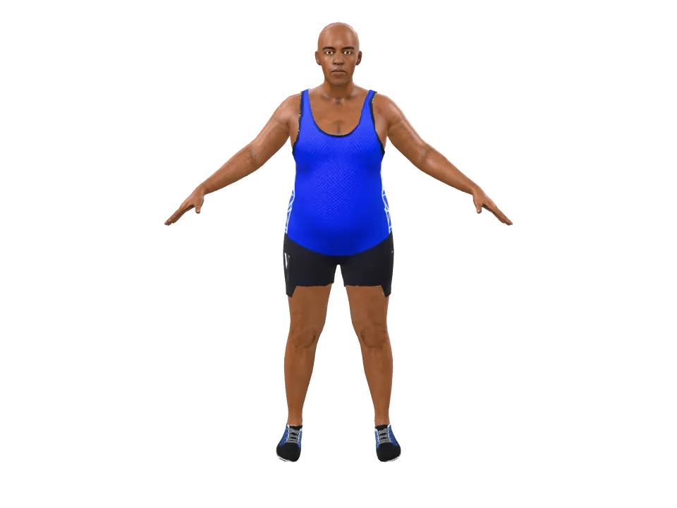 A Nigerian marathon runner mid-career, shaved head, racing singlet and shorts